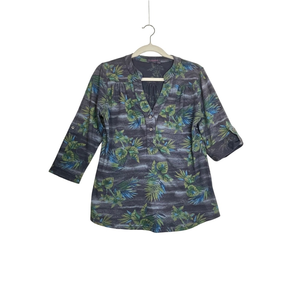 Fresh Produce Womens Tropical Palm Print Slub Cotton 3/4 Sleeve Tunic Top SM USA